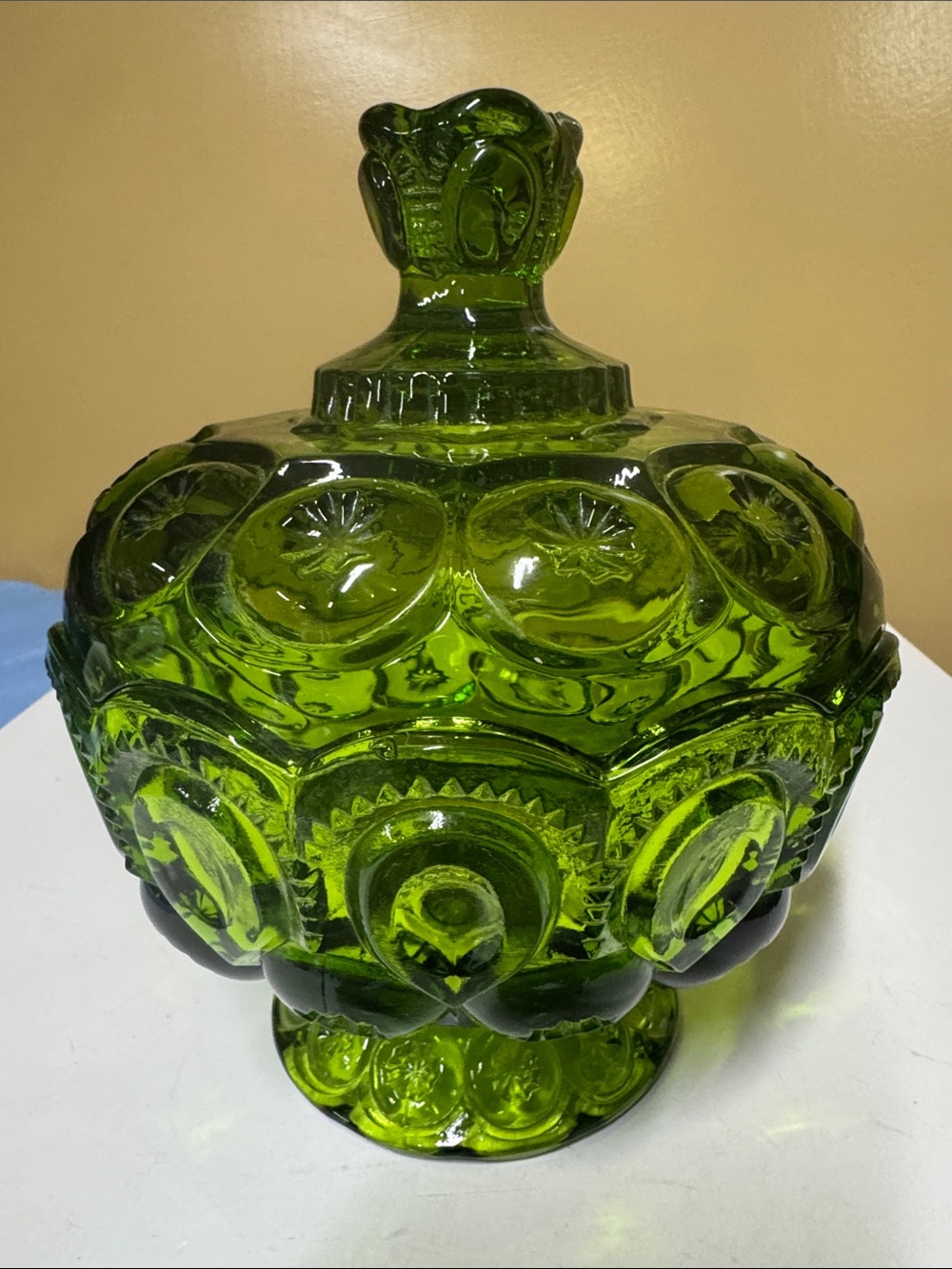 L.E. Smith Glass Green Moon & Star Candy Dish 8” tall 6.25” diameter